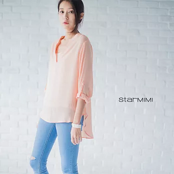 【StarMIMI】V領前短後長雪紡襯衫*S粉橘