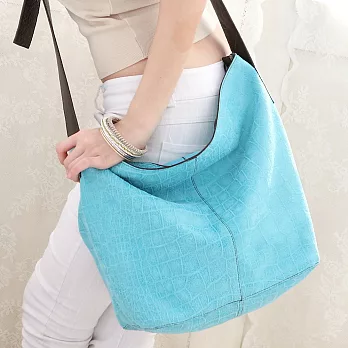 CHENSON真皮 鱷魚紋自然布料斜背包 藍(LAL41014-9)