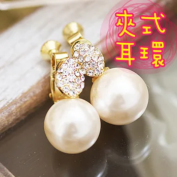 【安珂ECO正韓飾品】葉片鑲鑽墜大珍珠 夾式耳環
