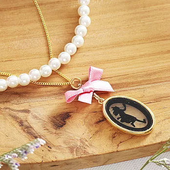 【安珂ECO正韓飾品】愛麗絲剪影粉嫩蝴蝶結珍珠雙鍊 短項鍊