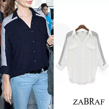 【BR】歐美風 七分袖雪紡拼接襯衫(M-XL可選)M白