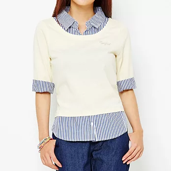 【 TOP GIRL】假兩件式拼接直條紋襯衫-M米白