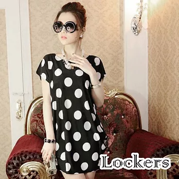 【Lockers 木櫃】涼感冰絲寬鬆印花短袖長版T恤/洋裝(六款任選)黑底大圓點