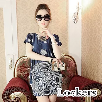 【Lockers 木櫃】涼感冰絲寬鬆印花短袖長版T恤/洋裝(六款任選)藍底圈圈花