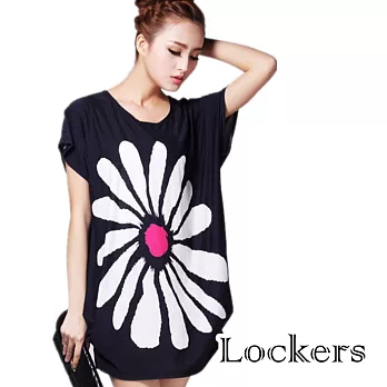 【Lockers 木櫃】輕薄綿質寬鬆印花短袖長版T恤/洋裝(三款任選)藍底大白花