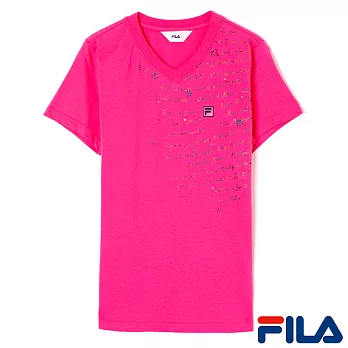 FILA女性V領印花T恤-5TEO-1520-PC-M亮麗桃