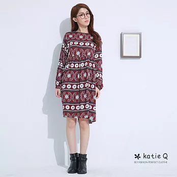 【KatieQ】幾何圖騰寬版洋裝(2色)-FREEFREE紅