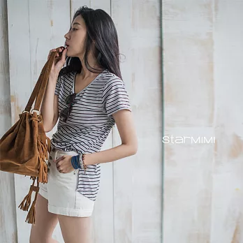 【StarMIMI】前短後長開衩條紋T*S黑灰