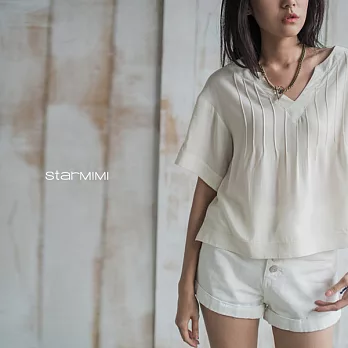 【StarMIMI】V領細褶傘狀短上衣*M米白