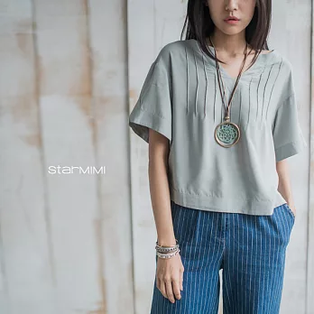 【StarMIMI】V領細褶傘狀短上衣*M灰綠