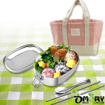 【OMORY】#304橢圓形不鏽鋼便當盒15cm-附匙筷(保溫提袋2色任選)-粉色提袋組