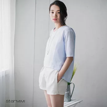 【StarMIMI】V領前短後長織紋短版上衣*M淺藍