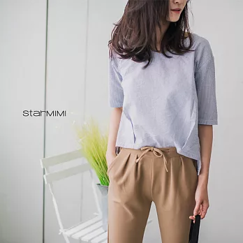 【StarMIMI】V領前短後長織紋短版上衣*S深藍