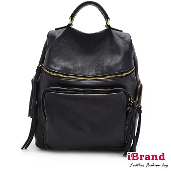 【i Brand 天然皮革】率真女孩,微笑弧度口袋後背包-墨黑