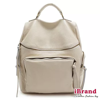 【i Brand 天然皮革】率真女孩,微笑弧度口袋後背包 - 低語白