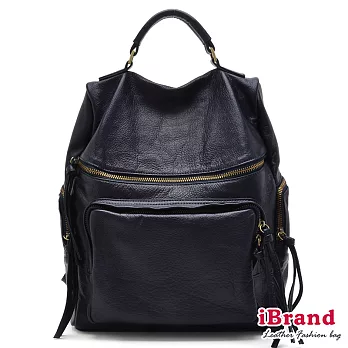 【i Brand 天然皮革】率真女孩,微笑弧度口袋後背包 -子夜藍