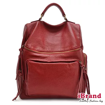 【i Brand 天然皮革】率真女孩,微笑弧度口袋後背包 -龐貝紅