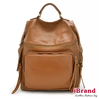 【i Brand 天然皮革】率真女孩,微笑弧度口袋後背包 -焦糖咖啡