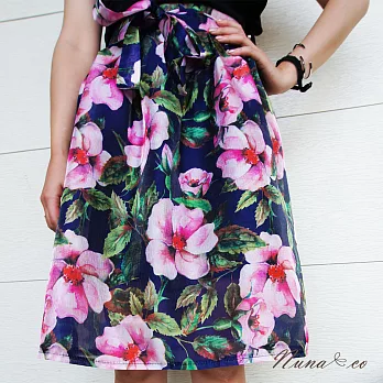 【NUNACO】韓版名媛烏干紗及膝澎裙FREE大花藍