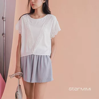 【StarMIMI】袖蕾絲雕花後開釦上衣*FREE白