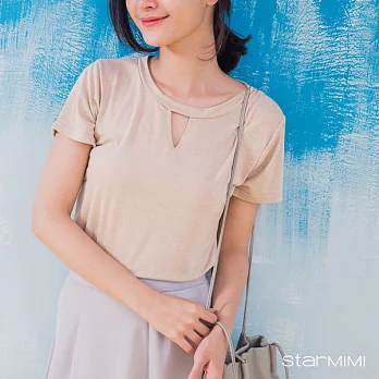 【StarMIMI】領V型縷空柔軟棉T*FREE卡其色