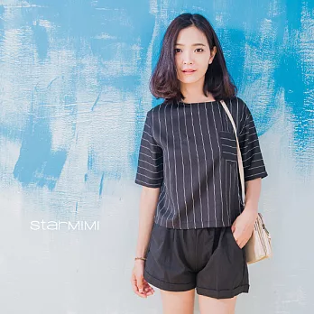 【StarMIMI】單口袋直條紋寬版上衣*M黑