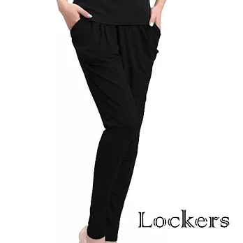【Lockers 木櫃】純色柔軟牛奶絲九分鬆緊內搭褲/哈倫褲(三色任選)黑色