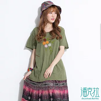 【潘克拉】小花卉繡領捲T(2色)-FREEFREE綠
