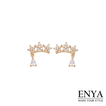 Enya★925銀 水鑽皇冠綴水滴耳環金色