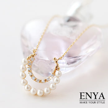 Enya★怦然心動珍珠綴水鑽項鍊金色