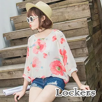 【Lockers 木櫃】韓國少女風粉末茶花七分袖寬鬆印花雪紡上衣(白色)