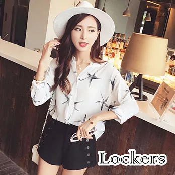 【Lockers 木櫃】立領海星印花雪紡長袖女款上衣/襯衫(二色任選)白海星
