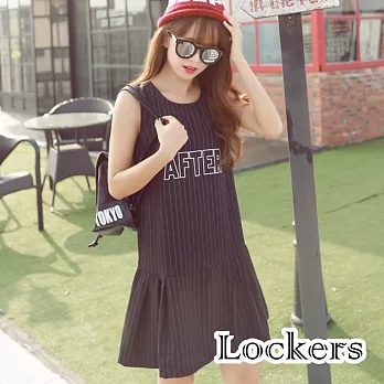 【Lockers 木櫃】圓領字母直條紋寬鬆無袖連衣裙/洋裝(二色任選)黑色