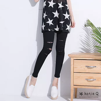 【KatieQ】內裏蕾絲破洞內搭褲(2色)-FREEFREE黑