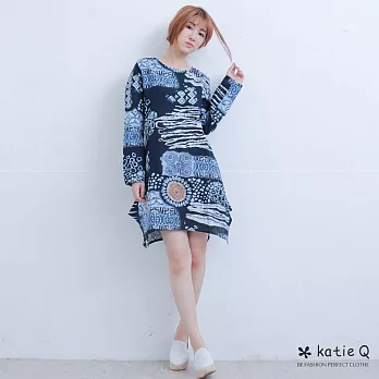 【KatieQ】藝術風長版棉麻上衣-FREEFREE藍