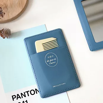 ICONIC 經典皮革鏡子票卡夾(附梳子)-鐵藍