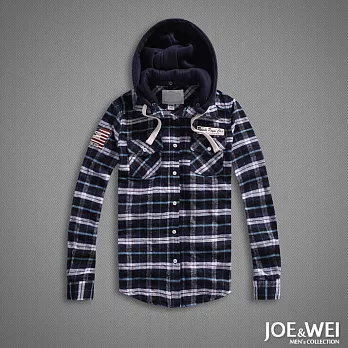 【JOE & WEI】可拆貼布法蘭絨連帽襯衫-M-XLM深藍