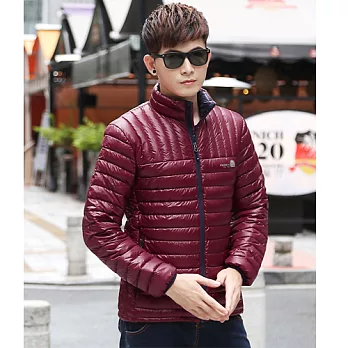 韓版輕薄保暖撞色羽絨外套 - M酒紅色