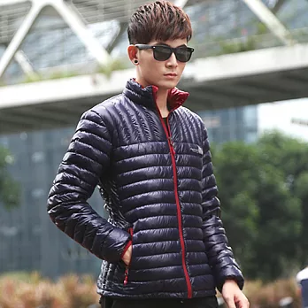 韓版輕薄保暖撞色羽絨外套 - M深藍色