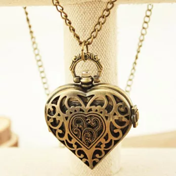 AmaZing 時間煮雨-復古感鏤空心型懷錶項鍊 (2色可選)古銅