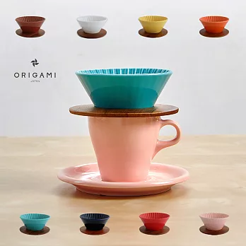 日本ORIGAMI 摺紙咖啡陶瓷濾杯組 M (土耳其藍)＋木質杯座