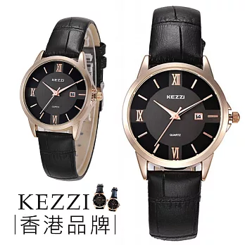 kezzi 珂紫788復刻羅馬數字日期顯示玫金框皮革錶帶對錶黑色-小型