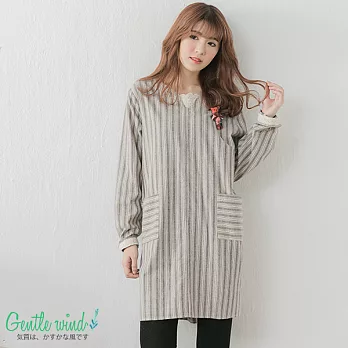 【Gentle wind 輕輕.吹】蕾絲拼領直條長上衣(2色)-FREEFREE卡