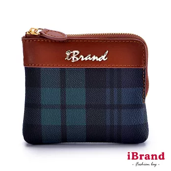 【i Brand 天然皮革】英倫格紋系列:L型拉鍊零錢包 - 經典綠