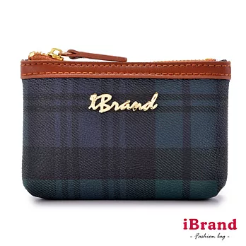 【i Brand 天然皮革】英倫格紋系列: 零錢鑰匙包 - 經典綠