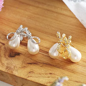 【安珂ECO正韓飾品】典雅水滴珍珠綴晶鑽緞帶 夾式耳環(2色)金