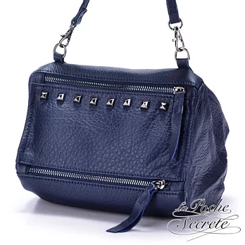 【La Poche Secrete天然皮革】自信女孩,雙拉鍊斜肩包 - 深海藍