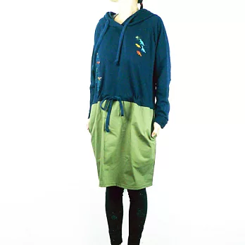 :Urb.【恐龍橡皮擦】女/長袖連帽補丁_抽繩洋裝FREE深藍 + 綠