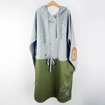:Urb.【跳格子紙飛機】長袖連帽補丁_抽繩洋裝FREE灰+綠