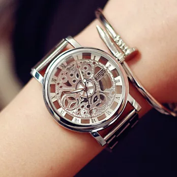 Watch-123 背後秘密-羅馬時標仿機械工藝鏤空腕錶 (2色可選)銀白